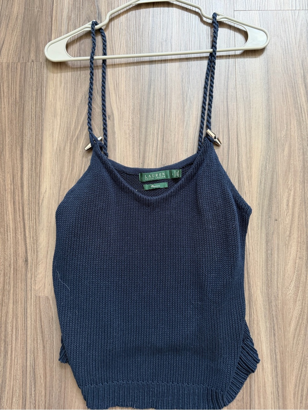 LAUREN Ralph Lauren Navy Cable Knit Camisole Twisted Strap Tank Top With Silver